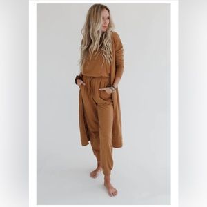NWT-Three Bird Nest-Camel-SET TO GO TEXTURED JUMPSUIT AND CARDIGAN SET